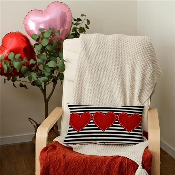 Valentines Day Throw Pillow Cover Decorative Accent Case Striped Heart Decor - Picture 6 of 7